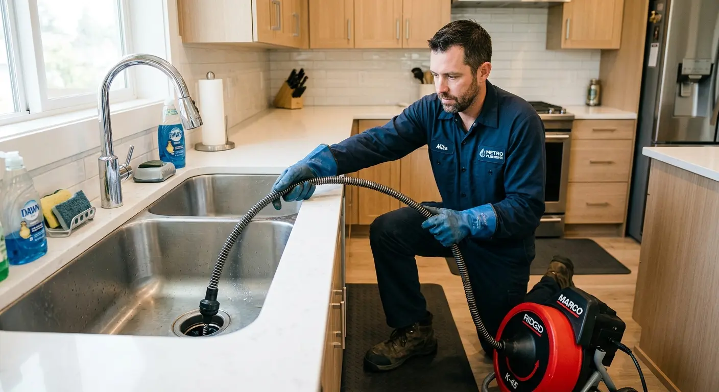 Drain cleaning technician using a motorized snake on a kitchen sink in Willis