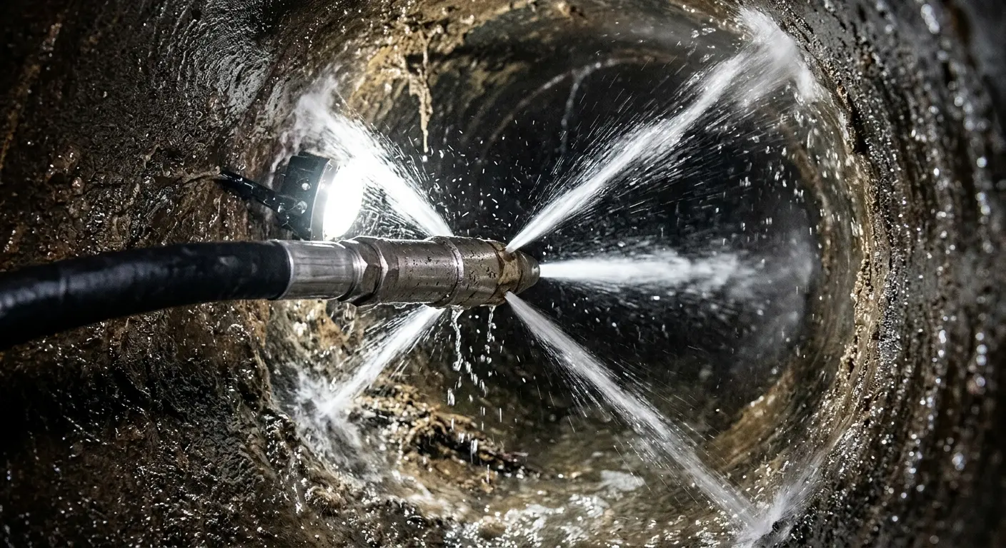 High-pressure hydro jetting nozzle cleaning sewer pipe for Emergency Drain Service in Willis