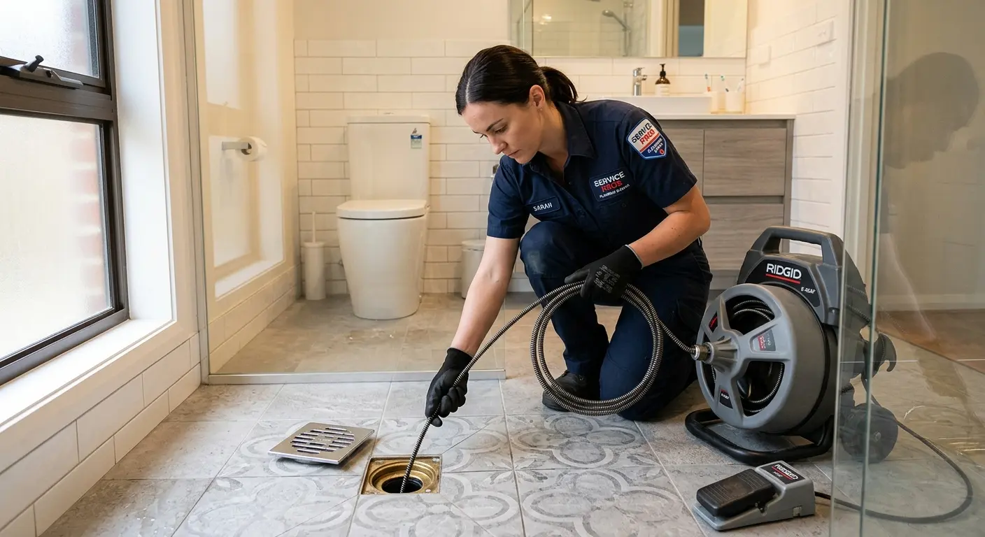 Technician clearing a bathroom floor drain for Drain Cleaning in Willis